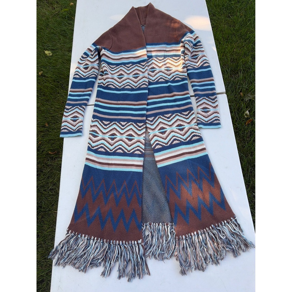 Southwestern Geometric Fringe Duster Cardigan Brown Blue Open Front Longline